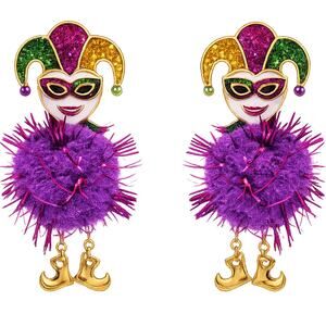 Mardi Gras Jester Pom Pom Earrings | Glitter Enamel | Statement Drop
